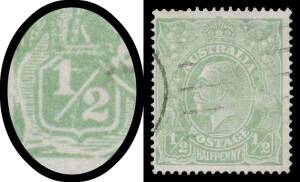HALFPENNY GREEN COMB PERF: Electro 3: ½d pale green with Major Cracked Electro below Lower-Left Value Tablet BW #63(3)h additionally with the Watermark Inverted, machine cancellation well clear of the variety, Cat $2000+. The ACSC states that "Stamps from