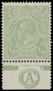 HALFPENNY GREEN COMB PERF: ½d green 'CA' Monogram single BW #63(3)za, well centred, a couple of tiny blemishes, Cat $8500. The ACSC states "Electro 3 monograms are rare".