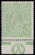 HALFPENNY GREEN COMB PERF: ½d green 'CA' Monogram single BW #63(3)za, very lightly mounted, Cat $8500. Superb!