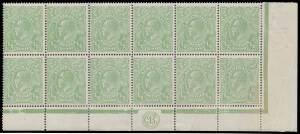 HALFPENNY GREEN COMB PERF: ½d green lower-right corner block of 12 (6x2) with 'JBC' Monogram BW #63(3)zb, well centred, some perf reinforcement & hinge remainders, a few gum blemishes that don't detract from the very fine facial appearance, Cat $12,500+ (