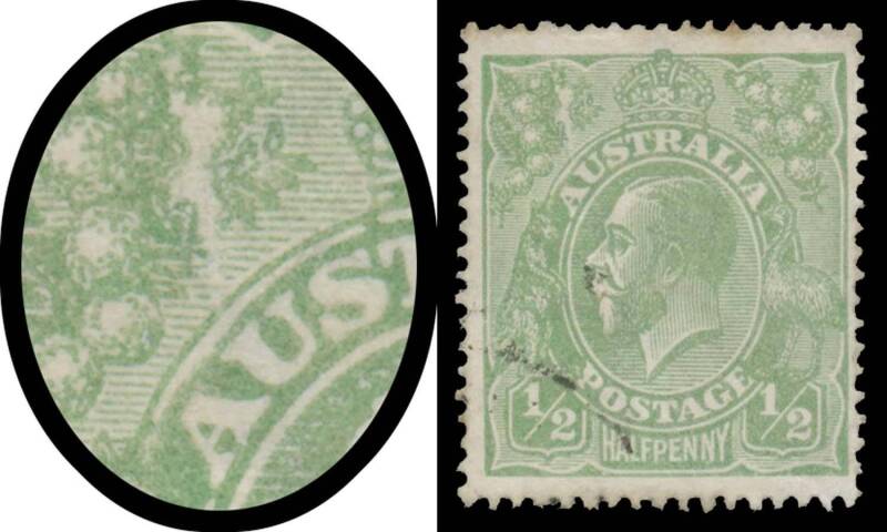 HALFPENNY GREEN COMB PERF: Electro 5: ½d green with Major Cracked Electro (First State: from Left-Hand Wattles to 'U' of 'AUSTRALIA') BW #63(5)h, well centred, minor blemishes at the top & minor wrinkles, Cat $5000. [More attractive than the "Pericles" ex