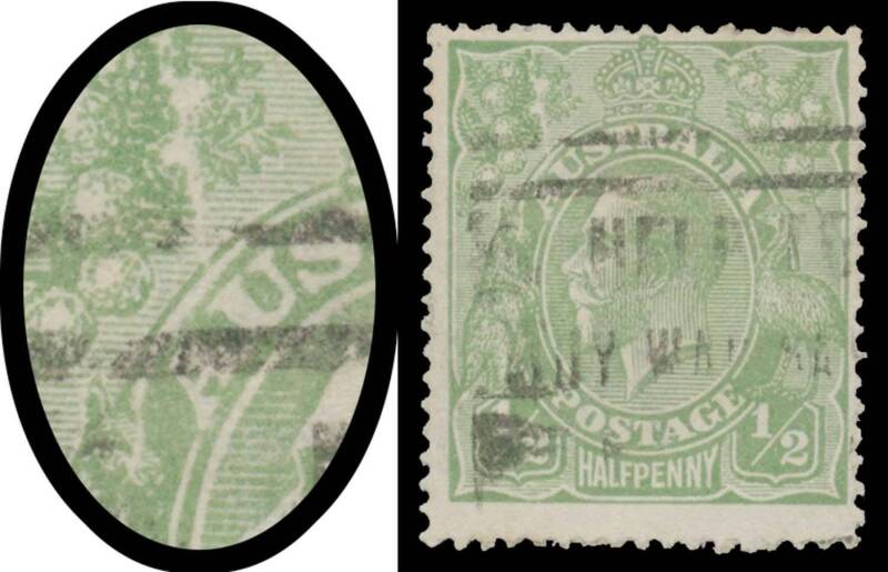 HALFPENNY GREEN COMB PERF: ½d green with Major Cracked Electro (Second State: now from 'U' of 'AUSTRALIA' through Outer Oval & Dissecting Roo's Head) BW #63(5)ha, slogan cancellation largely clear of the variety, Cat $6000. The ACSC states "The second sta