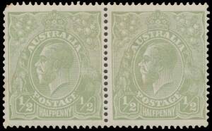 HALFPENNY GREEN COMB PERF: ½d green horizontal pair [42-43] the first unit with Thin Fraction BW #63(5)m (SG 20d), well centred, rounded corner at upper-left and a little toned, Cat $35,000 (£19,000). Ex Dr Leslie Abramovich and Charles Zuker. One of the 