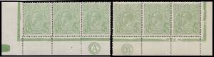 HALFPENNY GREEN COMB PERF: ½d green 'CA' & 'JBC' Monogram strips of 3 BW #63(5)z & zb, the latter a little aged, both with two units unmounted, Cat $1400 (mounted).