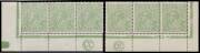 HALFPENNY GREEN COMB PERF: &frac12;d green 'CA' & 'JBC' Monogram strips of 3 BW #63(5)z & zb, the latter a little aged, both with two units unmounted, Cat $1400 (mounted).