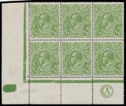 HALFPENNY GREEN COMB PERF: &frac12;d green (deep shade) with the Watermark Inverted 'CA' Monogram block of 6 BW #63(5)z, unusually well centred (especially the monogram unit), perf separation/rejoining at upper-left, the lower units are unmounted, Cat $700++ (mo