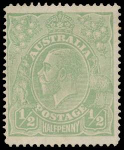 HALFPENNY GREEN SINGLE-LINE PERF: ½d pale green BW #64B (SG 20a), a bit aged, unused (no gum), Cat $20,000 (£9500). Michael Drury Certificate (2015). The ACSC states that a block of 4 & eight mint singles (one in the Australia Post Archives) have been rec