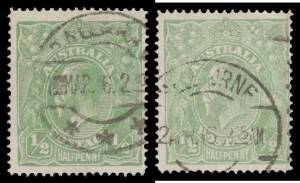 HALFPENNY GREEN SINGLE-LINE PERF: ½d emerald BW #64A & ½d pale green BW #64B (SG 20a), Ballarat or Melbourne machine cancellations, Cat $1900 (£1100). Separate Michael Drury Certificates (2015).