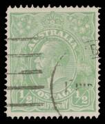 HALFPENNY GREEN SINGLE-LINE PERF: &frac12;d pale green BW #64B (20a), exceptional centring, Melbourne machine cancellation, Cat $1000 (&pound;550). Michael Drury Certificate (2015).