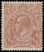 HALFPENNY COLOUR TRIAL: 1921 &frac12;d perforated plate proof in lilac-brown on watermarked paper BW #66(PP)1, no gum, Cat $40,000. A great rarity and, in our opinion, one of the most outstanding KGV Head proofs. One of only two examples recorded. Ex the Estate 
