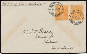 HALFPENNY ORANGE: ½d orange two singles tied to a plain Sheard First Day Cover BW #66y by two superb strikes of the 'RED HILL/8NOV23/QUEENSLAND' cds being the official First Day of Issue, minor blemishes & a minor repair at lower-right of the cover, Cat $