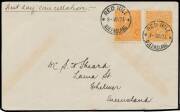 HALFPENNY ORANGE: &frac12;d orange two singles tied to a plain Sheard First Day Cover BW #66y by two superb strikes of the 'RED HILL/8NOV23/QUEENSLAND' cds being the official First Day of Issue, minor blemishes & a minor repair at lower-right of the cover, Cat $