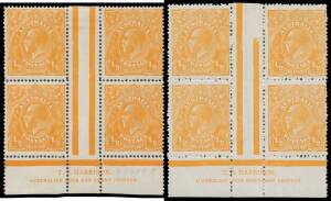 HALFPENNY ORANGE: ½d orange Two-Line Harrison Imprint blocks of 4 from Electro 7 BW #66(7)z State 1 (intact central "Jubilee Lines") & State 2 (central "Jubilee Lines" broken at upper-right), plus a State 2 imprint block of 8 with the Watermark Inverted B