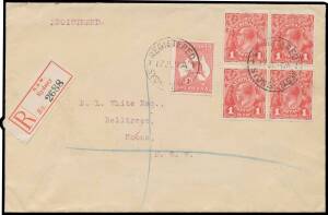 ONE PENNY RED SINGLE-LINE PERF: 1d carmine block of 4 & 1d Kangaroo on cover to "HL White/Belltrees/Scone NSW" with two strikes of 'REGISTERED/17JL14 A/SYDNEY NSW' cds - another strike on the reverse - being the official First Day of Issue BW #70y, red & 