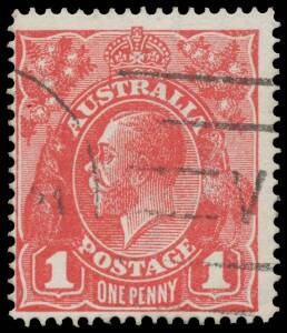 ONE PENNY RED SINGLE-LINE PERF: 1d carmine with the Watermark Inverted BW #70a (SG 21bw), minor corner crease at lower-right, light Melbourne machine cancellation, Cat $25,000 (£13,000). The ACSC states "At least eight used examples - and no mint - have b