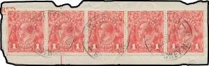 ONE PENNY RED SINGLE-LINE PERF: 1d carmine horizontal strip of 5 comprising Dies I-II-II-I-I BW #70(1)ia, tied to a commercial piece by three light strikes of the 'REGISTERED/25NO14 B/SYDNEY NSW' cds clear of both Die II spurs, Cat $20,000+ (for two Die I