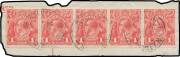 ONE PENNY RED SINGLE-LINE PERF: 1d carmine horizontal strip of 5 comprising Dies I-II-II-I-I BW #70(1)ia, tied to a commercial piece by three light strikes of the 'REGISTERED/25NO14 B/SYDNEY NSW' cds clear of both Die II spurs, Cat $20,000+ (for two Die I