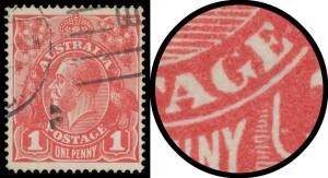 ONE PENNY RED SINGLE-LINE PERF: 1d carmine-red with Thin 'G' Retouch BW #70(2)L, Queensland machine cancellation well clear of the variety, Cat $2000. Superb! Michael Drury Certificate (2015). The ACSC states "Stamps from the Left Plates (Panes I-IV) with