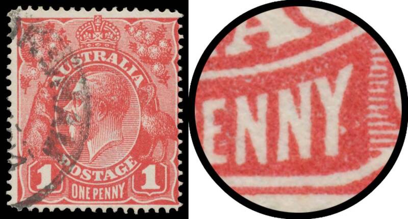 ONE PENNY RED SINGLE-LINE PERF: 1d carmine-red with Small Dot on 'Y' of 'PENNY' (Pregnant 'Y'; Early State) BW #70(2)m, Horsham (Vic) cds well clear of the variety, Cat $2500. Superb! Michael Drury Certificate (2015).