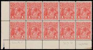ONE PENNY RED SINGLE-LINE PERF: Plate 3: 1d carmine-red No Monogram block of 10 (5x2) from the lower-left of the sheet BW #70(3)z, well centred, defect in the margin at lower-left, unmounted, Cat $3500++ for a mounted corner strip of 3. Michael Drury Cert