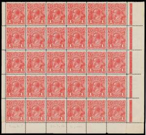 ONE PENNY RED SINGLE-LINE PERF: 1d carmine-red No Monogram block of 30 (6x5) from the lower-right of the sheet BW #70(3)za, well centred, some minor perf separation/rejoining in the margins only, all units are unmounted, Cat $4500++ for a mounted corner s