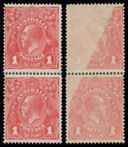 ONE PENNY RED COMB PERF SMOOTH PAPER: 1d carmine vertical pair with Strong Offset affecting both units (40% & 90%), unmounted. Rare: unlisted in the ACSC for both Smooth & Rough Papers.