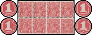 ONE PENNY RED COMB PERF SMOOTH PAPER: Plate 1: 1d carmine-rose (G30) Dies I-II-II-I block of 8 BW #71(1)ia, all four Die II Spurs are Erect, Cat $3600+. A scarce block.