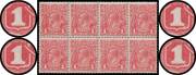 ONE PENNY RED COMB PERF SMOOTH PAPER: Plate 1: 1d carmine-rose (G30) Dies I-II-II-I block of 8 BW #71(1)ia, all four Die II Spurs are Erect, Cat $3600+. A scarce block.