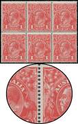 ONE PENNY RED COMB PERF SMOOTH PAPER: 1d carmine-red block of 6 [28-30/34-36] with both Rusted (Pre-Substituted) Clich&eacute;s [34-35] BW #71(2)j & k (SG 21ca), lightly mounted. A highly important item. The ACSC states at Note 7 on page 4/81 that "Mint examples