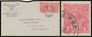 ONE PENNY RED COMB PERF SMOOTH PAPER: 1d deep carmine-rose Substituted (Die I) Clich&eacute; (Late State, No Top to Crown & Defective Corners) BW #71V(2)ka with some characteristic rough perfs, plus a normal single both tied to Shierlaw front to Adelaide by 'LAT