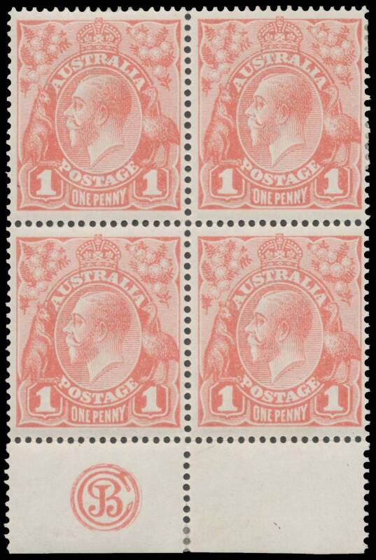 ONE PENNY RED COMB PERF SMOOTH PAPER: 1d pale terracotta (brick) G25 BW #71Q Plate 3 'JBC' Monogram block of 4 BW #71Q(3)ze, well centred, very lightly mounted, Cat $7700+ as singles. A delightful item in this delicate & popular shade. Michael Drury Certi