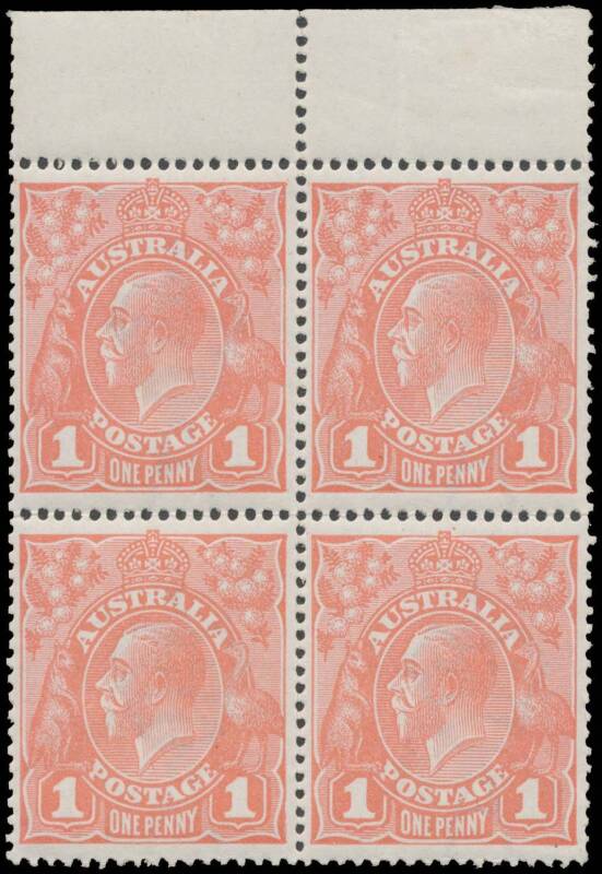 ONE PENNY RED COMB PERF SMOOTH PAPER: 1d salmon eosin G27 BW #71S marginal block of 4 from the top of the sheet, remarkably well centred, unmounted, Cat $90,000+ (as singles). A marvellous block of this most famous shade, and one of the most important and