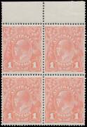 ONE PENNY RED COMB PERF SMOOTH PAPER: 1d salmon eosin G27 BW #71S marginal block of 4 from the top of the sheet, remarkably well centred, unmounted, Cat $90,000+ (as singles). A marvellous block of this most famous shade, and one of the most important and