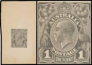 ONE PENNY RED DIE III ON WAR SAVINGS PAPER: 1d die proof in black on low-grade wove paper (folded to 49x86mm) BW #75DP(1)A, reinforced with archival tape along the central fold & a bit aged, Cat $27,500. Ex Thomas Field - but not in the Kilfoyle sale - an