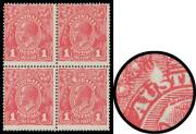 ONE PENNY RED DIE III ON WAR SAVINGS PAPER: 1d carmine-red block of 4 [29-30/39-40] the last unit with Thin 'US' in 'AUSTRALIA' etc (Second State with Erupting 'S') BW #75ka, the lower units - including the variety - are unmounted, Cat $5200++ (mounted).