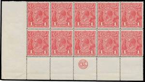 ONE PENNY RED DIE III ON WAR SAVINGS PAPER: 1d carmine-red lower-left corner block of 10 (5x2) with 'JBC' Monogram BW #75z, some perf separation/rejoining in the margin at base only otherwise unmounted, Cat $3400++ (mounted). A handsome block. Ex Greg Del