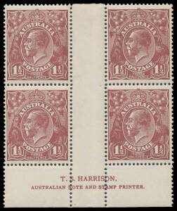 PENNY-HALFPENNY BROWN: 1½d brown Harrison Imprint block of 4 BW #85z, the lower units are unmounted, Cat $475 minimum. The imprint is 5½mm below the base of the stamps. This spacing is not noted in the ACSC.