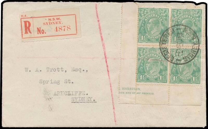 PENNY-HALFPENNY GREEN: 1½d green part-Harrison Imprint block of 4 on plain cover with central 'REGISTERED/6MR23 B/SYDNEY NSW' cds (a superb strike on the reverse) being the day before the official First Day of Issue, red/white 'NSW/SYDNEY' registration la