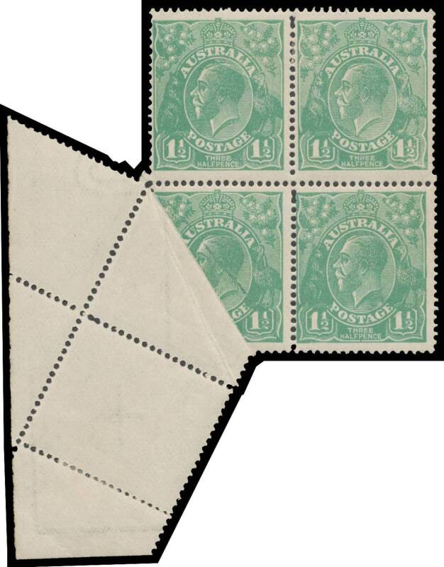 PENNY-HALFPENNY GREEN: 1½d green lower-left corner block of 4, the third unit with a 30% Void caused by a Pre-Printing Paper Fold, also with coincident printing irregularities appearing as a 1cm-Wide Darker Band Diagonally Across the Upper Units, Diagonal