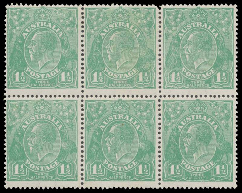 PENNY-HALFPENNY GREEN: 1½d green on Very Coarse Mesh Paper BW #88a block of 6 (3x2), one pulled perf at the top, four units are unmounted, Cat $5200+. Michael Drury Certificate (2015). Identified as from Electro 11.