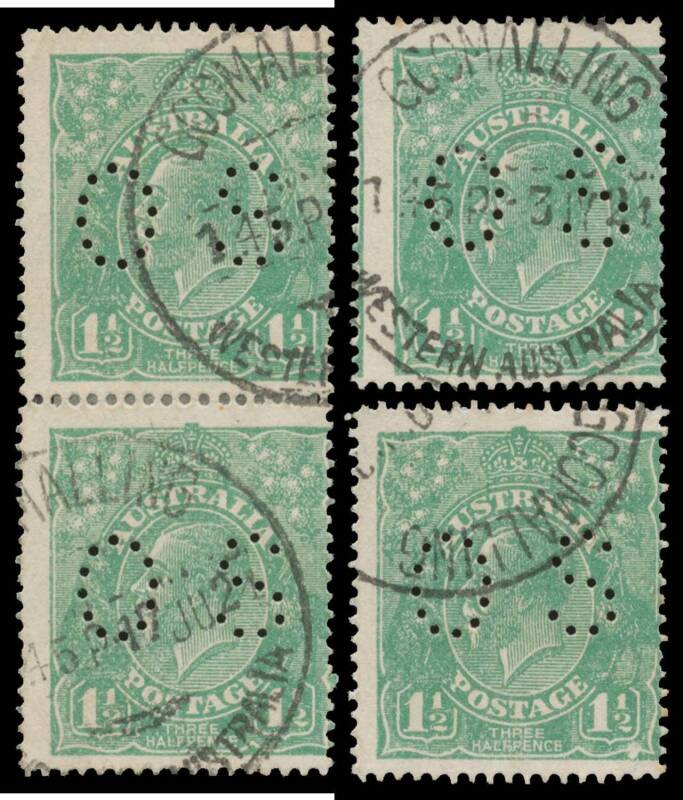 PENNY-HALFPENNY GREEN: 1½d green on Very Coarse Mesh Paper punctured 'OS' BW #88a punctured‹ 'OS' two singles & a vertical pair, 'GOOMALLING/WESTERN AUSTRALIA' cds, Cat $1600+. Ex Herbert McNess. Separate Michael Drury Certificates (2015). The ACSC states