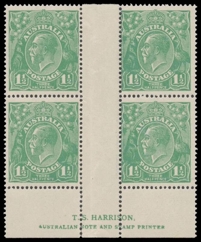 PENNY-HALFPENNY GREEN: Electro 11: 1½d green Harrison Imprint block of 4 BW #88(11)z, weak central perfs, unmounted, Cat $850. [The imprint is 10mm below the base of the stamps]