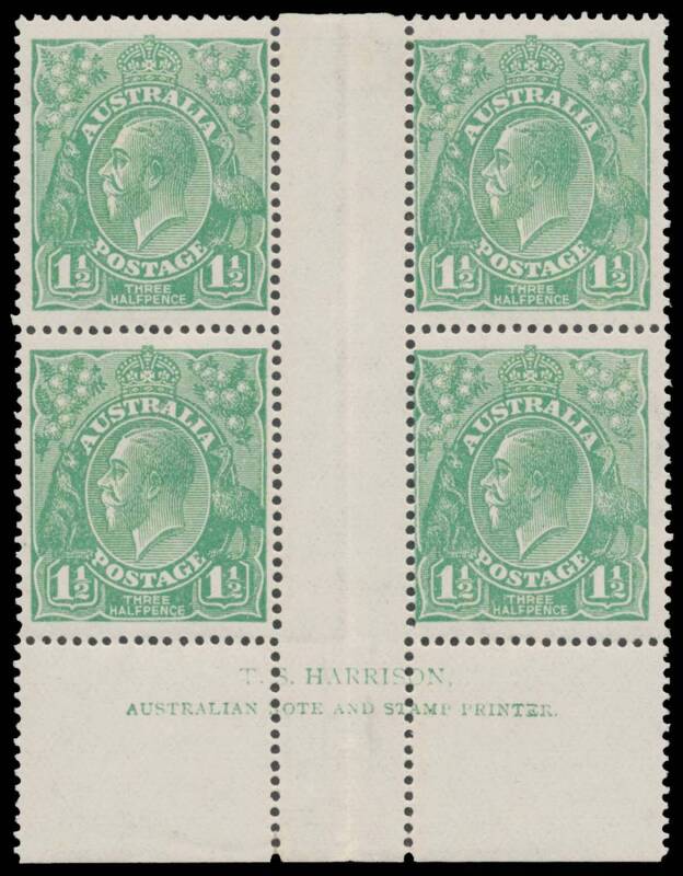 PENNY-HALFPENNY GREEN: Electro 16: 1½d green Harrison Imprint block of 4 BW #88(16)z, a trifle aged, unmounted, Cat $850. [The imprint is 4mm below the base of the stamps]