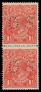 PENNY-HALFPENNY RED: 1½d red Printed on the Gum with the Watermark Inverted and punctured 'OS' (as always) BW #89c (SG O80wa) vertical pair, the central perfs reinforced, Cat $1000+ (£600+). A very scarce multiple. The ACSC states that portions of two she