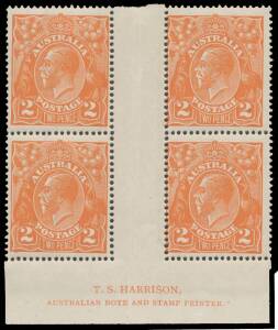 TWO PENCE ORANGE: 2d orange Two-Lines Harrison Imprint block of 4 with the imprint 7½mm below the base of the stamps, the gum a bit aged & a few tiny tonespots, Cat $2000 minimum. [Although this block presents as being from Electro 2 ("7.75mm"), [L60] doe