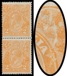 TWO PENCE ORANGE: Unlocated [A11] vertical pair the lower unit with Crack from above & through the Right-Hand Wattles to the Emu's Neck BW #95(U)m, the variety is unmounted, Cat $1500+ (mounted).