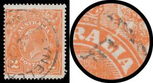 TWO PENCE ORANGE: Unlocated [A42] with Crack from the Top Frame vertically to the Oval above 'L' of 'AUSTRALIA' BW #95(U)o, rounded lower-right corner, Reynella (SA) cds largely clear of the variety, Cat $600.