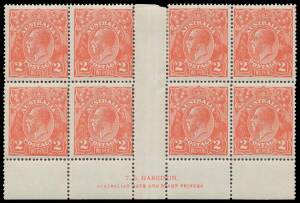 TWO PENCE SCARLET: Electro 2: 2d scarlet Two-Lines Harrison Imprint block of 8 (4x2) with the imprint 7¼mm below the base of the stamps, some minor perf separation/rejoining, Cat $2000+. The ACSC states that the spacing is "7.75mm". It is the only electro