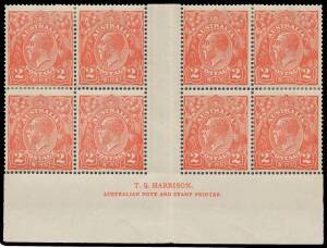 TWO PENCE SCARLET: 2d scarlet Two-Line Harrison Imprint block of 8 (4x2) BW #96(8)z with the imprint 4½mm below the base of the stamps & [L60] with Thinner Frame below 'TWO PENCE', some minor perf separation/rejoining, a few minor tonespots, Cat $2000+.