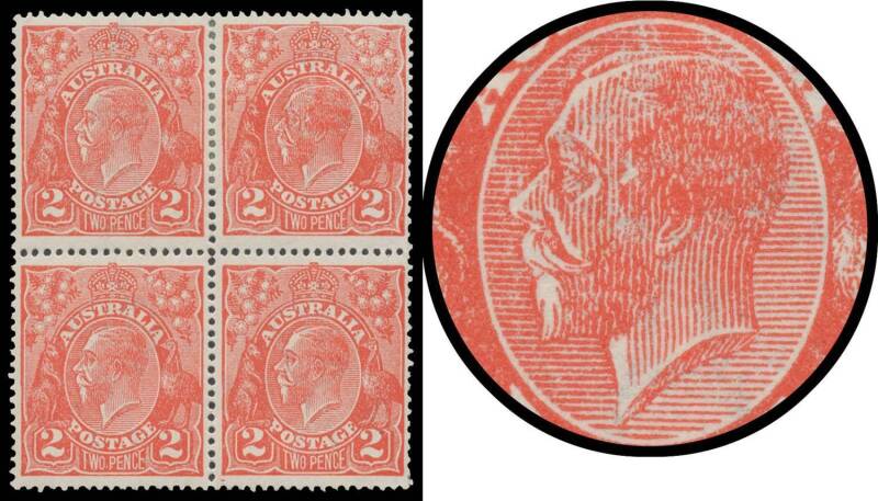 TWO PENCE SCARLET: Electro 14: 2d scarlet block of 4 [L11-12/17-18] the second unit with Retouched King's Face BW #96(14)e, a few separated/rejoined perfs, Cat $3000+.